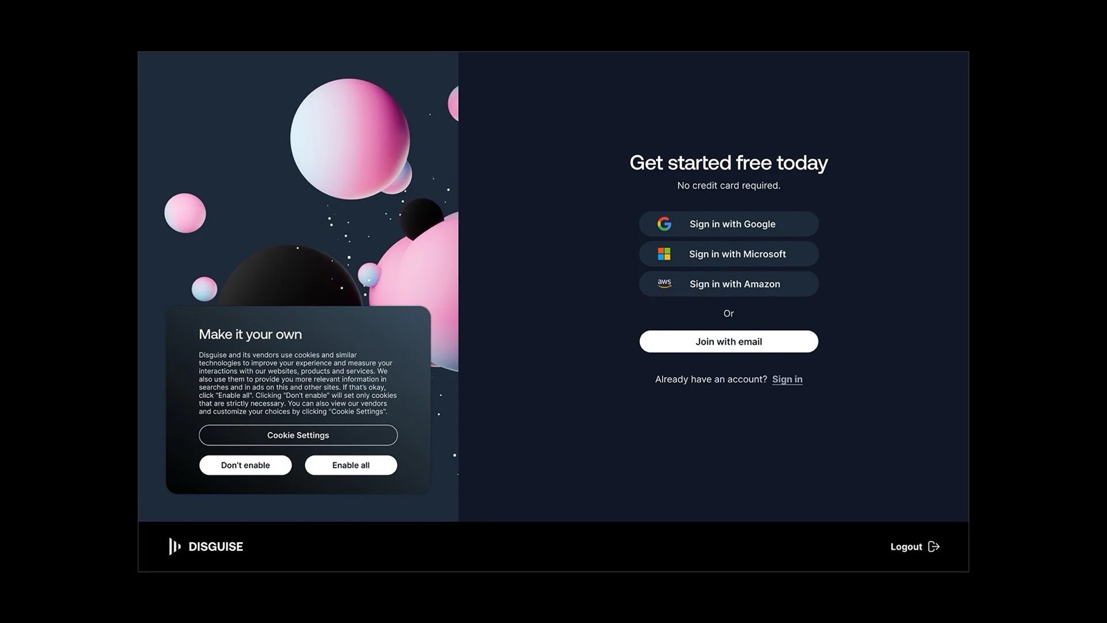 Sign-up screen with Google, Microsoft and Amazon sign-in