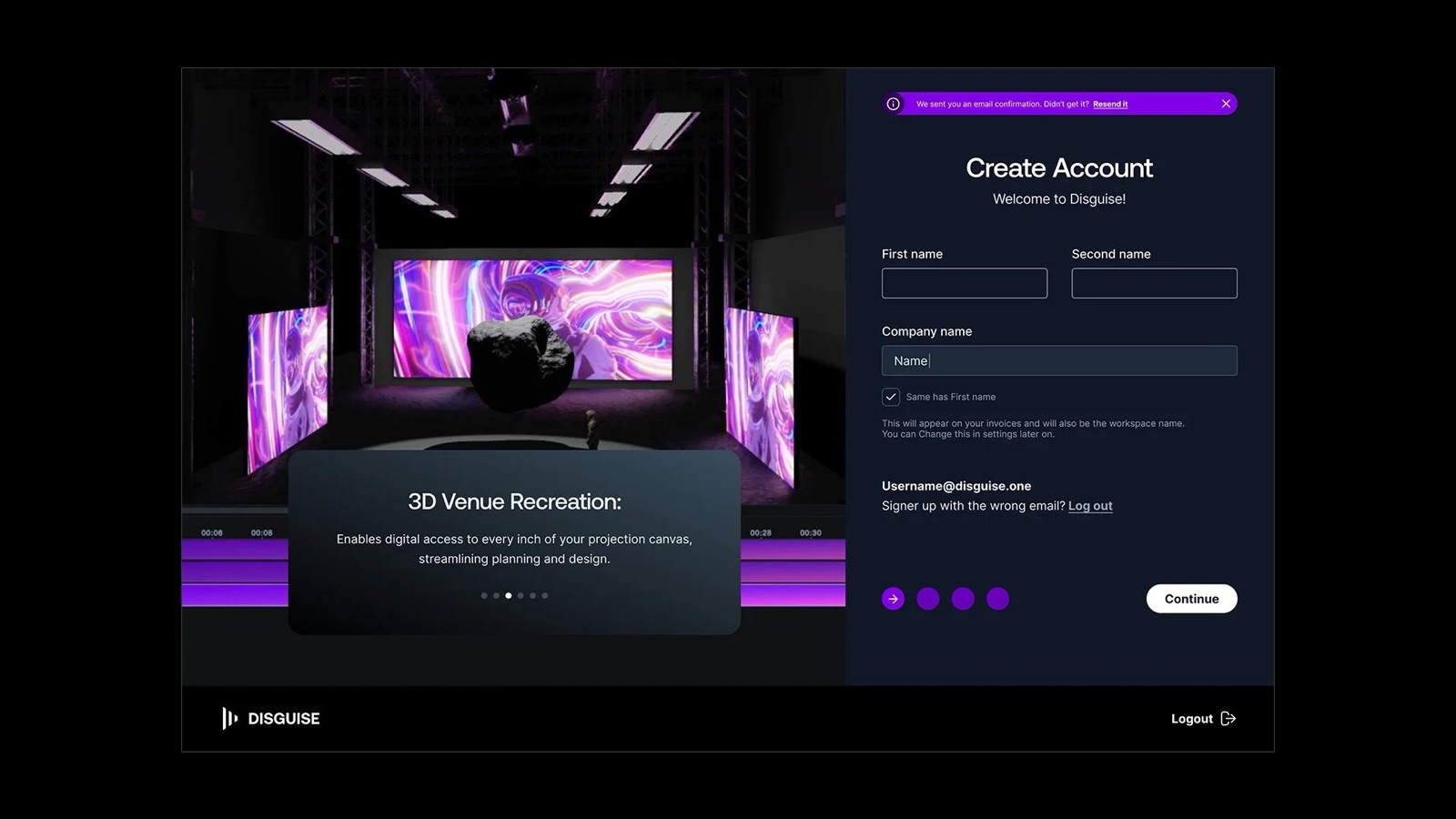 Create account step with 3D venue recreation preview
