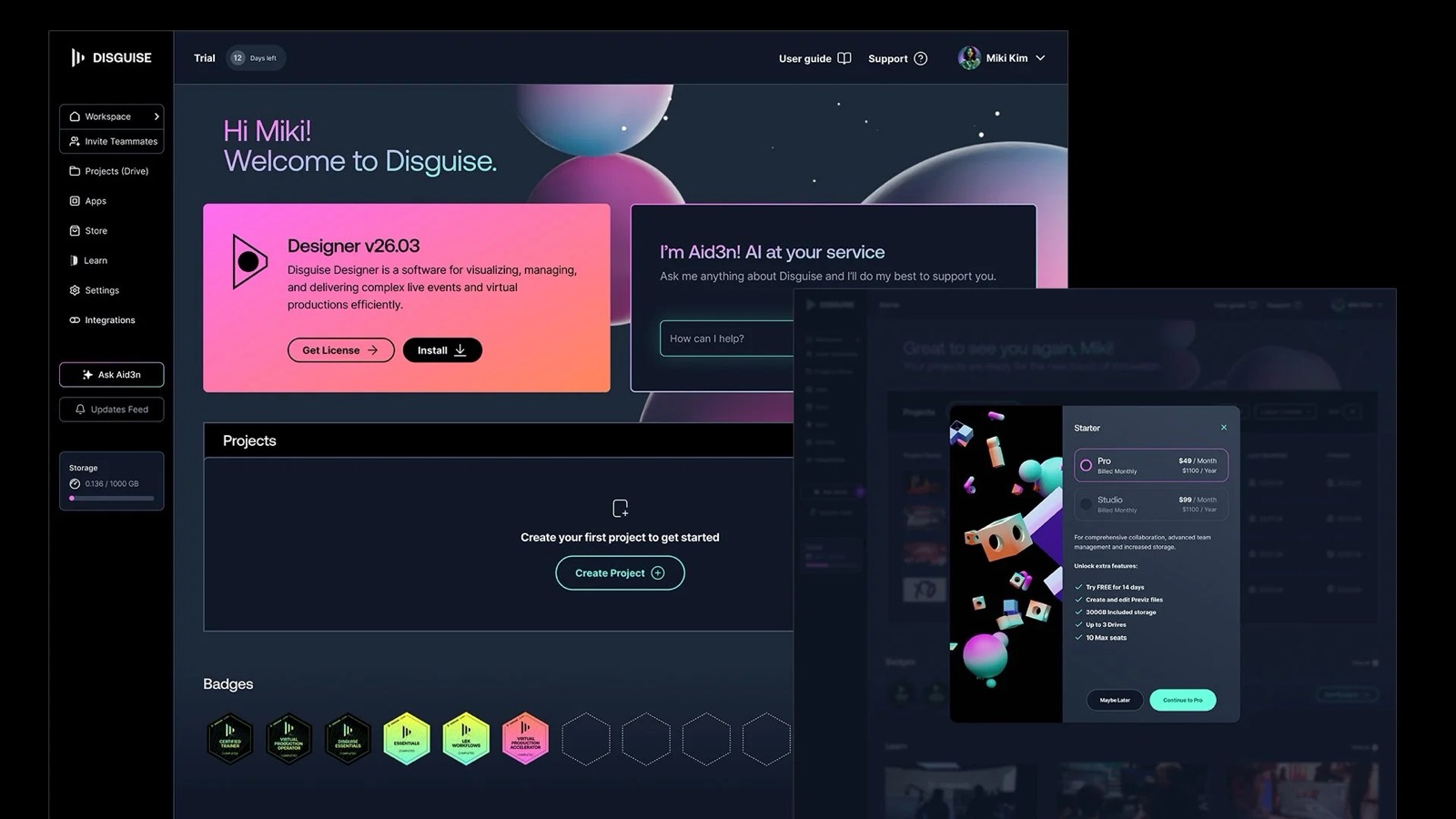 Disguise Space home dashboard with Designer, AI assistant and projects