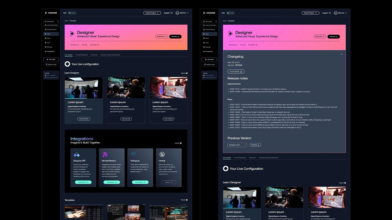 Project library showing live show projects with status and notes