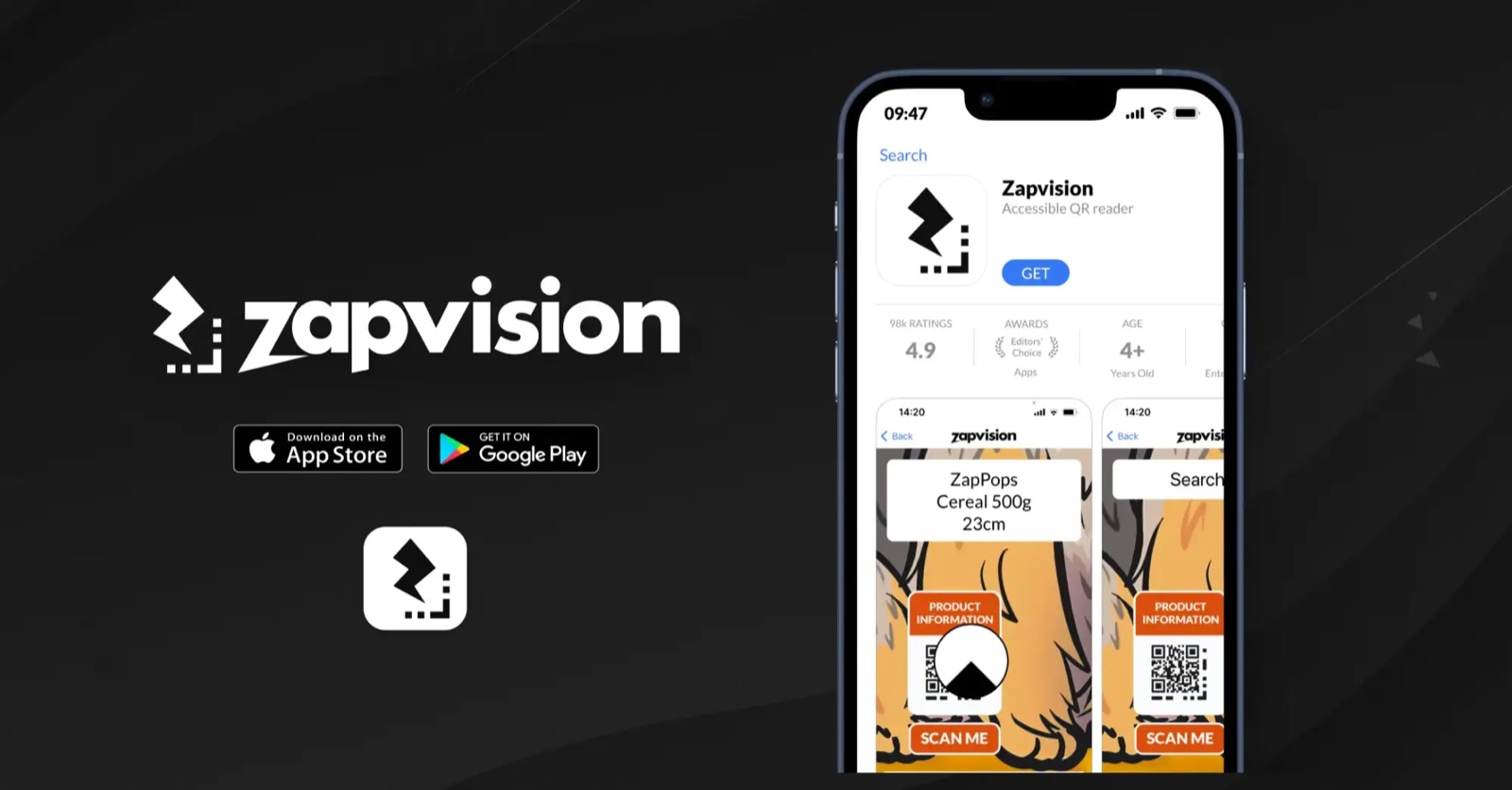Zapvision app listing with App Store and Google Play badges