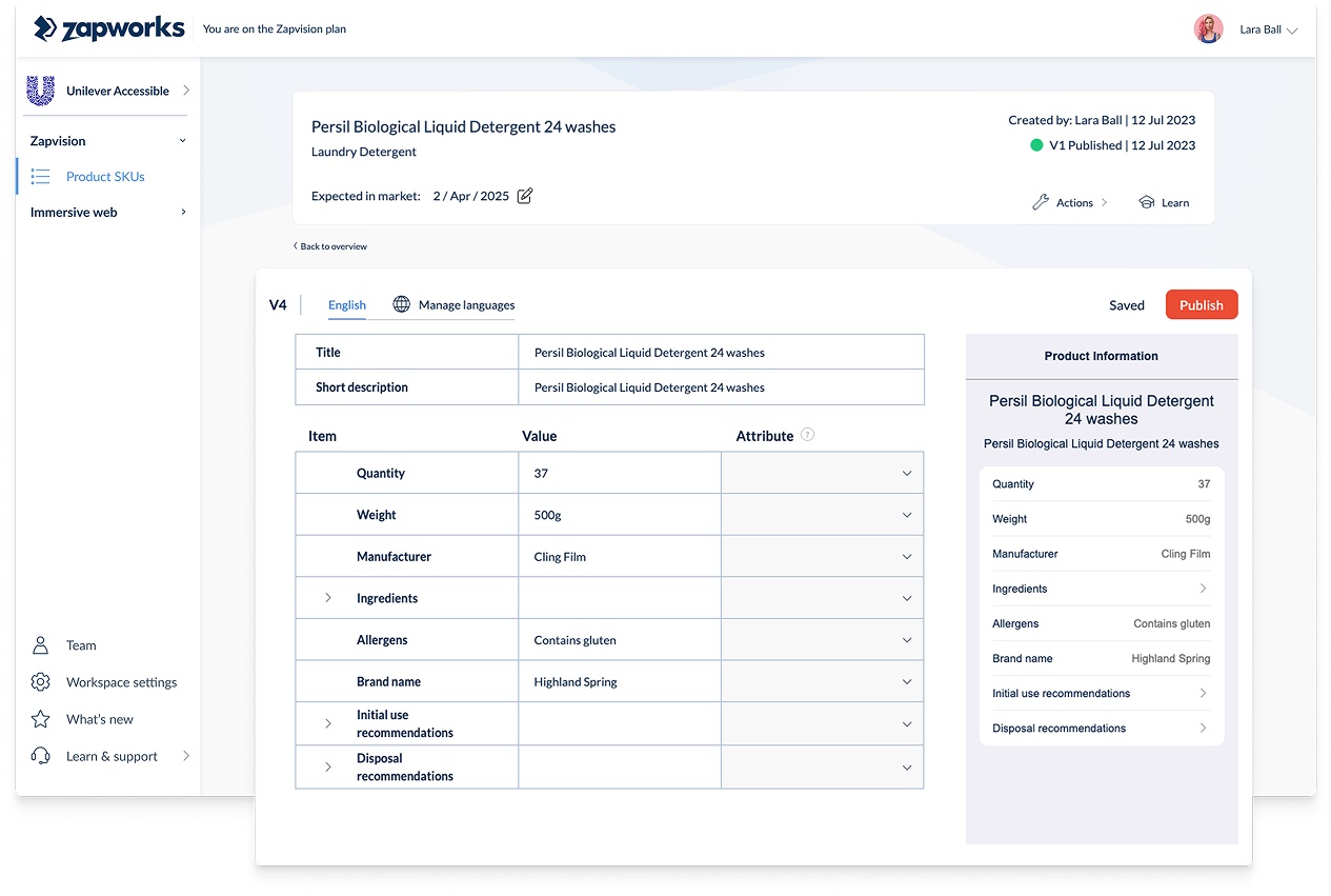 Zapvision CMS product editor for Persil Biological Liquid Detergent with structured attributes, live product preview, versions and multilingual support