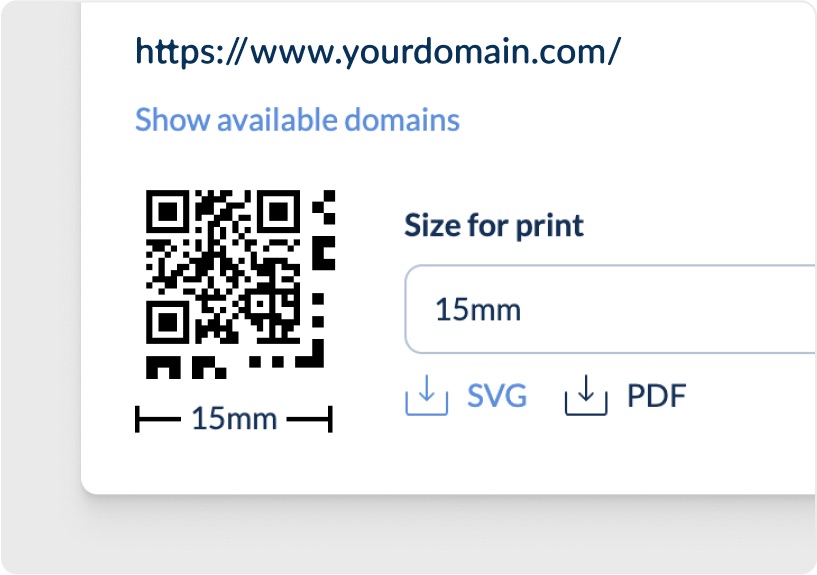 Generating an Accessible QR code with a destination URL and a print size of 15mm, exported as SVG or PDF
