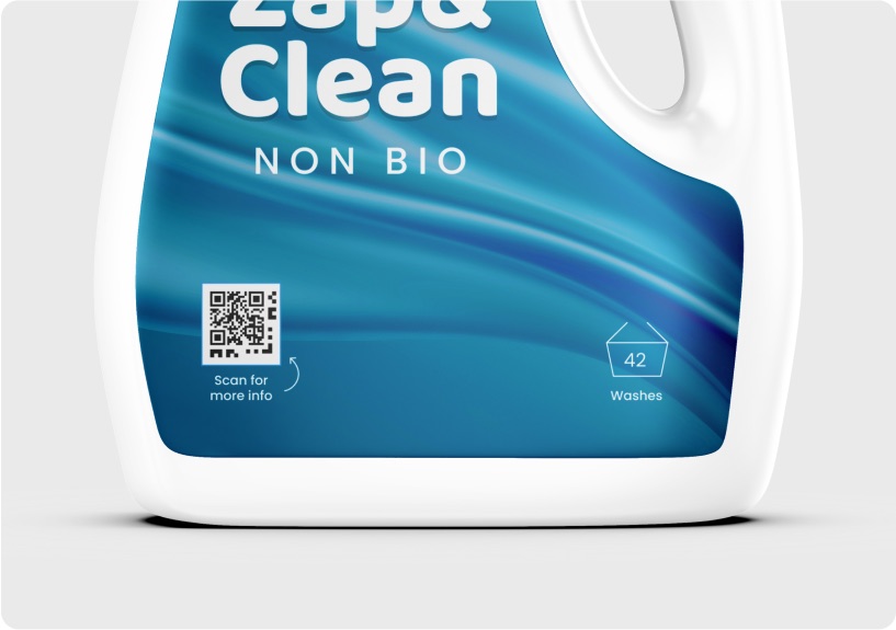 Accessible QR placed on the front of a Zap and Clean detergent bottle