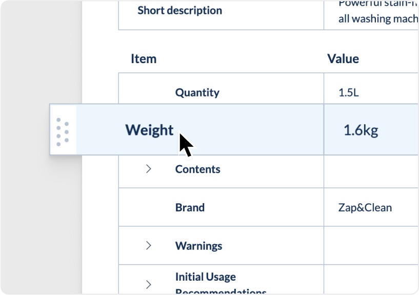 Reordering product attributes such as weight, contents and warnings by drag and drop in the CMS