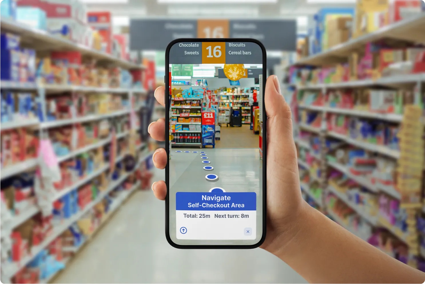 Phone guiding a shopper through supermarket aisles towards the self-checkout area